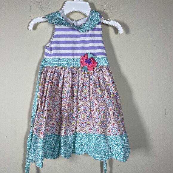 Counting Daisies Girls Purple Teal Geometric Print Tie Back Dress Size: 5 - Picture 1 of 7